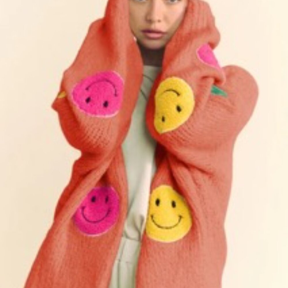 Fuzzy Smile Open Front Long Sleeve Cardigan